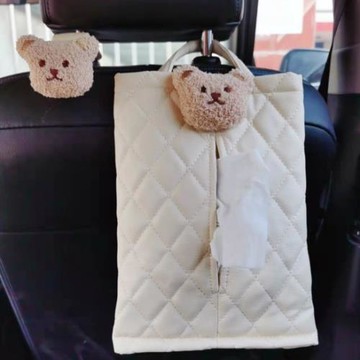 ins風小熊 嬰兒童坐汽車座椅后背皮革掛袋紙巾盒套車載椅背抽紙套
