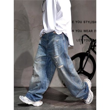 (免運)美式復古水洗做舊闊腿破洞牛仔褲男潮牌痞帥寬松直筒大碼乞丐長褲