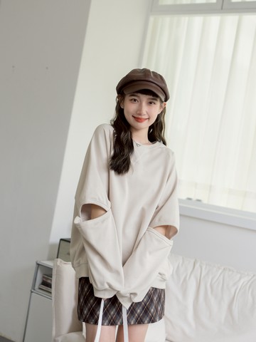 側開衩斷袖造型寬鬆長袖大學T SS34200142【現貨】