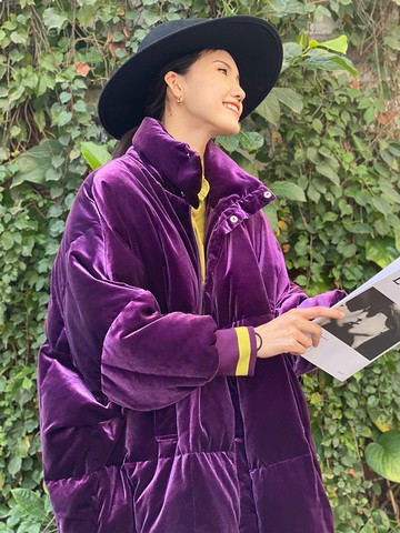【絲絨】新中式復古中國風 羽絨服紫色中長款