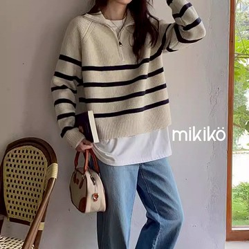 美木子｜針織上衣 針織毛衣｜條紋針織長袖 海軍風半開領毛衣【T101136】韓系 套頭毛衣 翻領長袖 針織衫 半高領