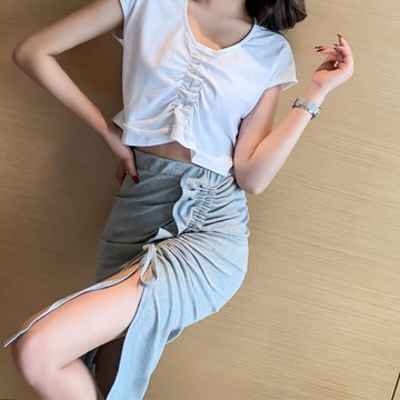 格格家 小心機開叉修身半身裙中長裙女夏不對稱高腰包臀裙一步裙