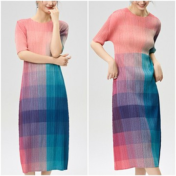 【米蘭精品】現貨+預購三宅風皺褶衣服洋裝褶皺長裙短袖連身裙子摺衣彈力女裝折衣大碼-圓領格紋3色74mm56