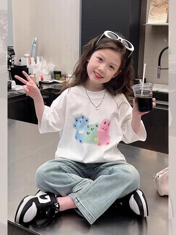 短袖 純棉T恤 女童T恤 兒童短袖 落肩短袖 童裝半袖上衣 女孩短袖 夏裝短T 百搭短袖 卡通短袖T恤【不二雜貨】