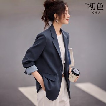 初色 通勤風撞色修身翻領長袖後開衩簡約西裝外套女外套-灰藍色-16505(M-XL可選)