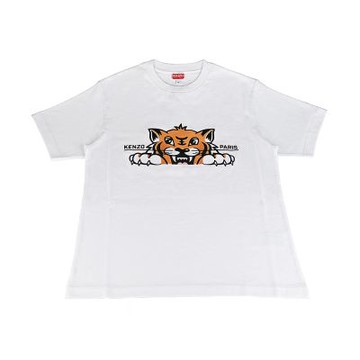 KENZO 字母刺繡LOGO虎頭圖繡純棉圓領寬鬆短袖T恤(男款/米白)