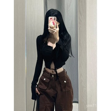 【臺灣出貨✈️】🍋黑色掛脖兩件套T恤開衫女短款春夏辣妹修身顯瘦設計感小衆打底衫