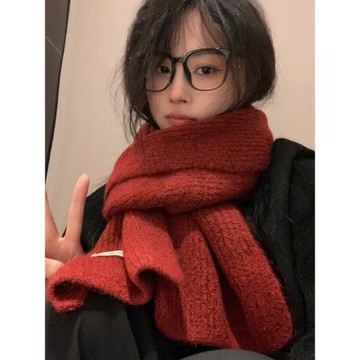 圍巾女冬季2025新款針織毛線圍脖紅色韓系百搭氛圍感純色保暖小巧