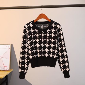 2025短款圓領打底衫秋冬季千鳥格套頭毛衣高腰小個子上衣學院風女