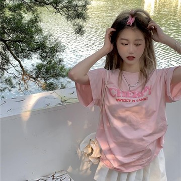 100%純棉女裝夏季甜美粉色小個子寬鬆中長款短袖T卹韓式溫柔上衣
