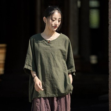 女裝上衣｜短袖T恤｜新中式國風｜盤扣設計｜圓領｜時尚百搭｜日常穿搭｜休閒舒適｜日常休閒