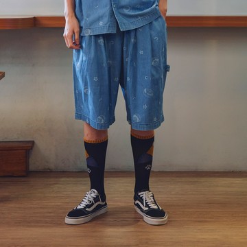 江戶勝｜男裝｜雷射印花丹寧短褲