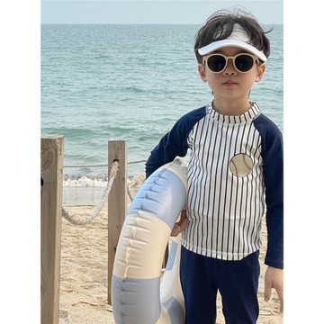 男童防曬分體泳裝韓版兒童棒球條紋長袖長褲游泳裝備度假沖浪速干