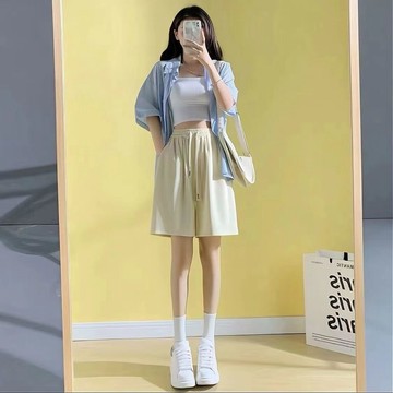 冰絲短褲女 簡約夏季短褲 寬鬆高腰短褲 垂墜感休閒短褲 運動闊腿五分褲 短褲女 運動短褲女