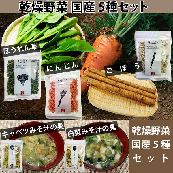 九州産　乾燥野菜　３種　＋　みそ汁の具　２種　計５袋セット　簡単　便利 みそ汁 味噌汁 キャンプ　保存　炒め物　ネコポス便　全国送料込