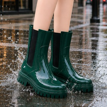 【36-41全尺碼】雨靴．街頭漆皮拼接切爾西粗跟中筒靴