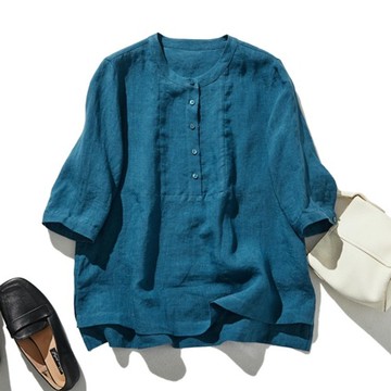 可優雅可休閒穿搭的七分袖襯衫 100%亞麻 藍色 240511-4