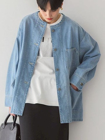 簡潔圓領口袋剪裁長版牛仔外套(0H000062900) - AMERICAN HOLIC