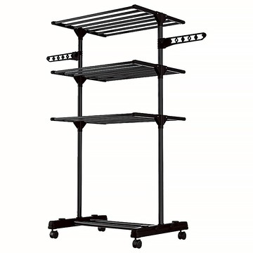 AOTTO 多功能三層附輪折疊曬衣架(晾衣架 曬衣架 毛巾架 寶寶曬衣)黑色