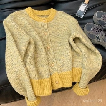 ✨桃園出貨✨撞色針織開衫女 圓領短款毛衣外套 寬鬆毛衣 韓系針織開衫 小個子長袖外套 短款開衫 毛衣 短款上衣 外套