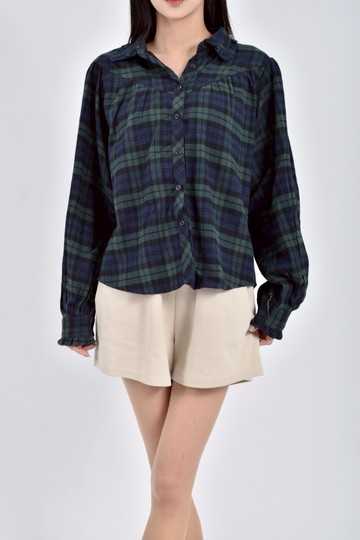 (L) lure hsu質感棉質純棉長袖格紋綠色襯衫上衣