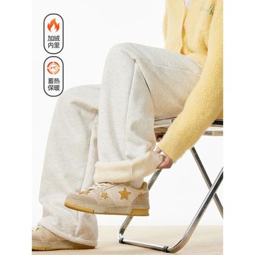 悟空有貨冬季復古純色加絨加厚垂感衛褲男潮牌寬松闊腿百搭休閑褲