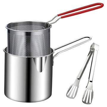 304不鏽鋼小型油炸鍋 帶濾網 家用省油 炸薯條/雞塊 附夾子  12.5cm  銀色  1個