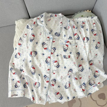 春秋新款卡通波點藍KT貓雲朵棉睡衣女日系高級甜美可愛少女家居服休閒睡衣居家睡衣家居服長袖睡衣女生睡衣套裝女