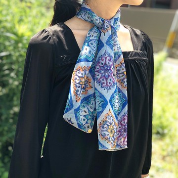 Ballett 獨特民族風印花雪紡迷你絲巾 藍色 日本製造 可居家水洗