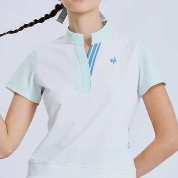 女款白色吸汗速乾彈性防曬短袖立領衫