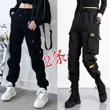 2件裝】春秋季新款多口袋工裝褲女嘻哈百搭黑色寬松顯瘦九分運動