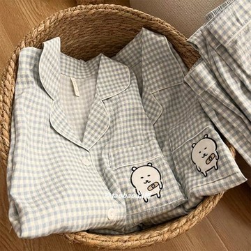 韓國ins自嘲熊情侶睡衣春秋季長袖長褲卡通格子男女云朵棉家居服