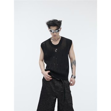 CulturE夏季新款解構破洞鏤空針織背心男金屬設計感無袖T恤內搭男