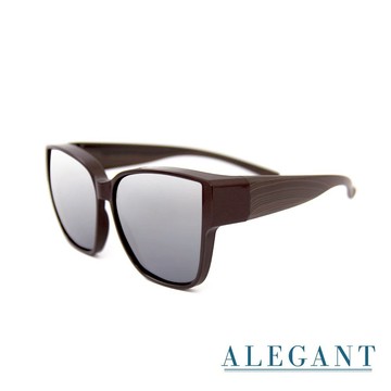 【ALEGANT】休閒時尚胡桃棕水銀方框木紋腳全罩式寶麗來偏光墨鏡│外掛式UV400太陽眼鏡│套鏡