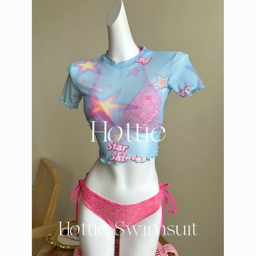 美式甜心芭比粉bikini三件套 透紗短款罩衫 藍粉撞色泳衣 性感辣妹沙灘泳池度假泳衣 泳衣三件套 泳裝 比基尼