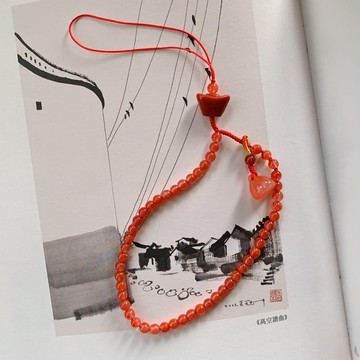 手作 燈上蓮花。天然南紅滿肉元寶 蓮蓬五彩繩復古編織手機鏈掛繩