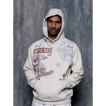 GRAF原創品牌【色彩斑駁】AK47天使女神保佑花卉銅扣抓絨美式帽衫