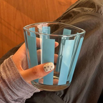 【台灣出貨】ins風藍色條紋水杯不規則玻璃杯茶杯咖啡杯高顏值果汁牛奶飲料杯