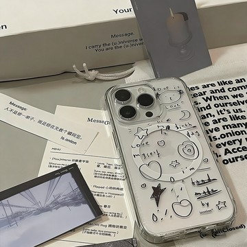 綫條簡約風透明塗鴉手機殼男女適用iPhone17氛圍感保護套15 14磁吸16pro max高級感14Pro防摔保護套