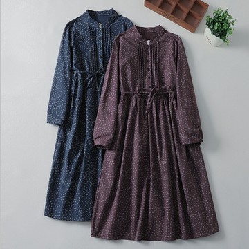 ＊ORead＊日系森系棉麻復古印花中長連身裙(2色M~2XL)【限定加碼✿全館滿額再折】
