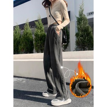 開叉灰色垂感加絨闊腿褲女秋冬小個子衛褲美式高街休閑運動褲直筒