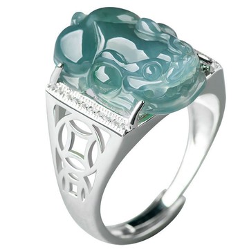 戒指 指環 鍍銀鑲嵌天然藍水貔貅玉石男女P款可調節情侶時尚戒指仿真玉