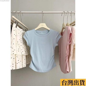 🌈台倉出庫🌈 【3836次迴購】純棉正肩短袖T恤2025夏季新款顯瘦修身褶皺短款收腰上衣女