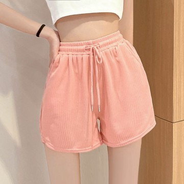 坑條素色休閒短褲【MT66】Sandy33實拍春夏新款韓系INS休閒百搭氣質純欲居家高腰抽繩針織棉短褲 熱褲 三分褲