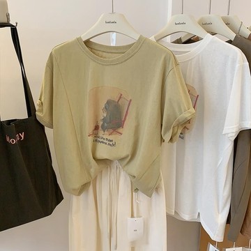 💕甜心大尺碼💕大尺碼純棉正肩短袖t恤女2024年新款夏季港風復古卡通印花寬鬆洋氣上衣
