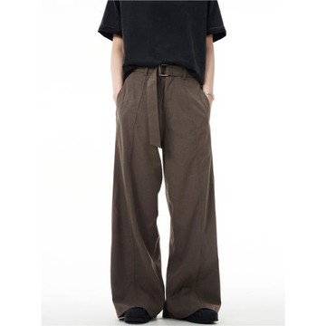 (免運)MADWITCH美式cleanfit弧形分割腰帶闊腿褲男女寬松復古休閑褲子潮