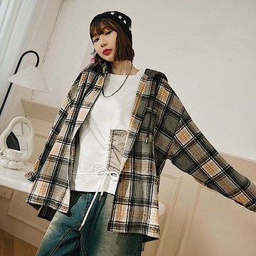 OB嚴選中大尺碼-保暖磨毛撞色格紋連帽外套《EA3741》