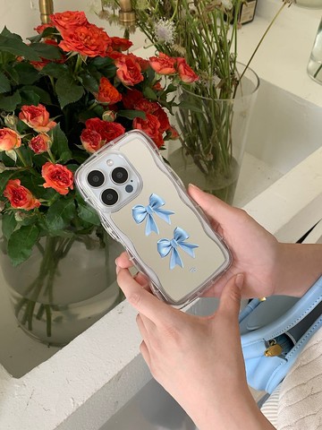 【亮淺藍帶蝴蝶結(S)】 波浪框鏡面手機殼