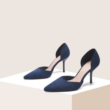 蘇社交 細跟尖頭高跟鞋女新款百搭藍色5cm小清新少女中空中跟單鞋