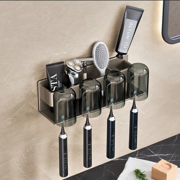 四人款牙刷架附漱口杯 免釘安裝 浴室收納好幫手  槍灰色  1個